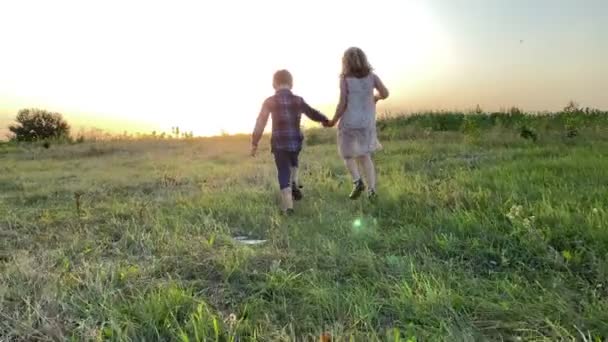 Silhouette Little Kids Walking Skipping Meadow Forward Golden Lights Summer — Vídeo de stock