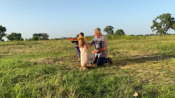 Male Parent Teaching Little Boy Cute Girl Fly Kite Sunset — ストック動画