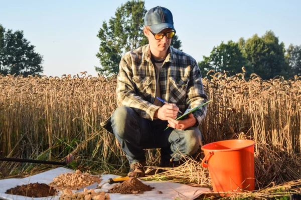 Male Agronomist Preparing Soil Samples Laboratory Analysis Writing Information Sheet — Stockfoto