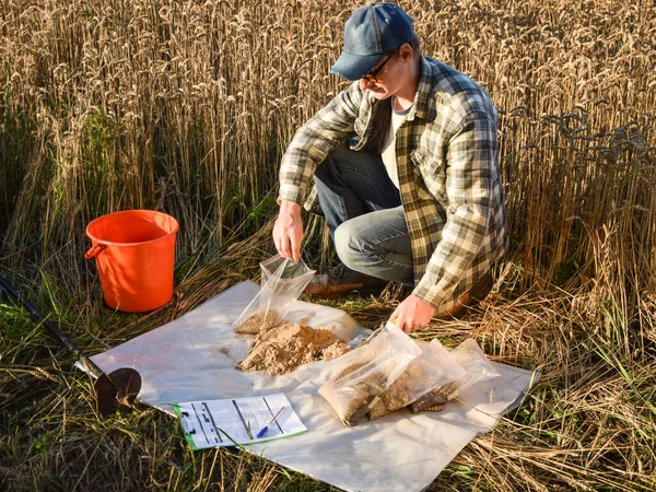 Agronomy Specialist Preparing Soil Samples Laboratory Analysis Outdoors Professional Farmer — Stockfoto