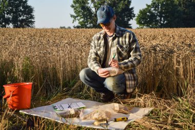 Agriculturist preparing soil samples to laboratory analysis, marking sample bags outdoors at sunrise. Farmer performing soil sampling at agricultural field. Environment research, soil certification