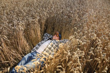 Young adult farmer relaxing at agricultural grain field at sunny day. Male worker wearing hat, checkered shirt, sunglasses, lying in ripe wheat field outdoors. Countryside concept. Simple living