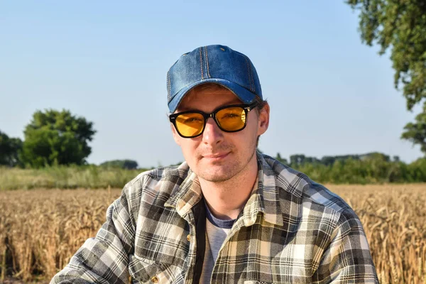 Portrait Male Agronomy Specialist Sunglasses Wearing Hat Checkered Shirt Sitting — Photo