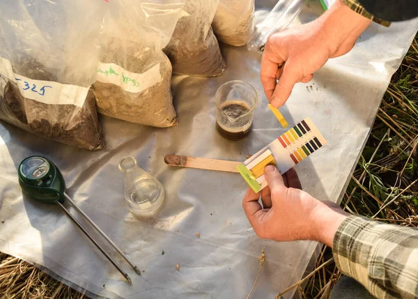 Male agronomy specialist testing soil sample outdoors, using laboratory equipment, performing soil certification at agricultural grain field sunrise. Environment research, soil certification