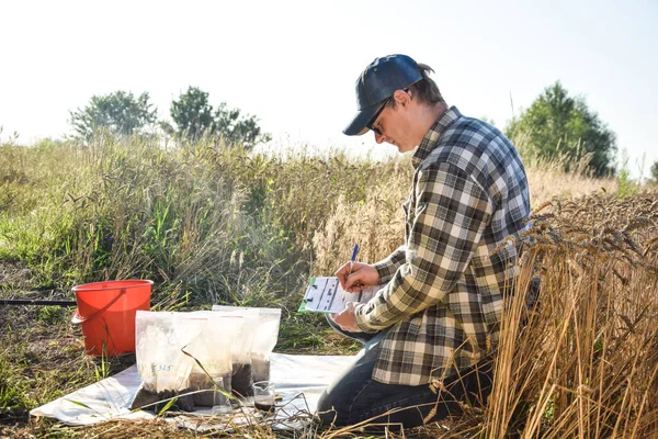 Male Agronomist Preparing Soil Samples Sample Bags Laboratory Analysis Writing — Stockfoto