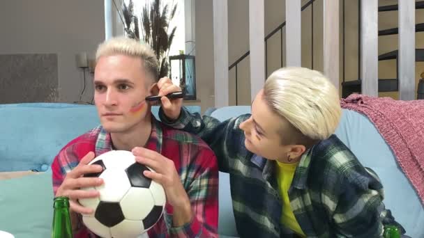 Young Stylish White Couple Preparing Cheer Germany Soccer Team Championship — Stock Video