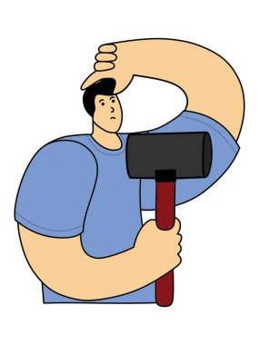 Çekiç tutan adam. Ev onarımı konsepti. Yenileme evi. Şablon yapımı. Düz biçimli vektör illüstrasyonu