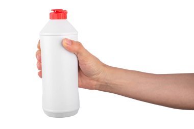 Beyaz arka planda kırmızı kapaklı beyaz bir şişe var. Dosya kırpma yolu içeriyor.