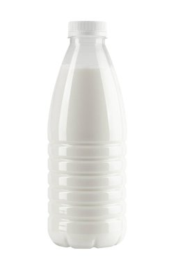 Süt şişesi beyaz arka planda izole edilmiş konteynır. Pastörize plastik. Dosya kırpma yolu içeriyor.