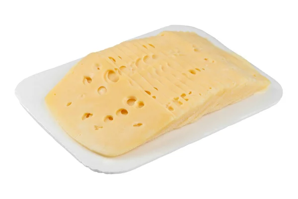 白い背景に隔離されたパックのチーズスライス ファイルにクリッピングパスが含まれています — ストック写真