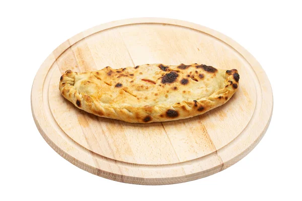 Traditional Closed Italian Pizza Calzone Wooden Plate Isolated White Background — Stock Photo, Image