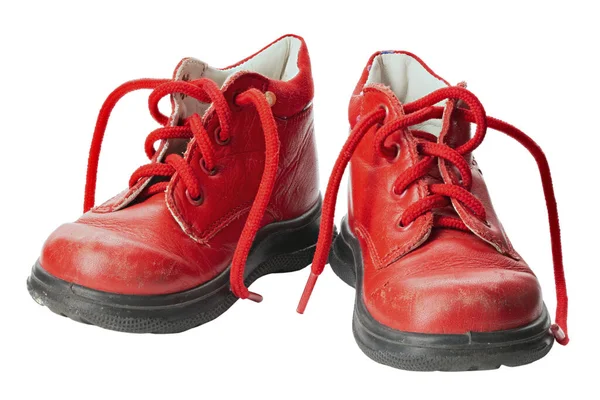Παιδικά Παπούτσια Κόκκινου Χρώματος Που Απομονώνονται Λευκό Φόντο Παλιά Παπούτσια — Φωτογραφία Αρχείου