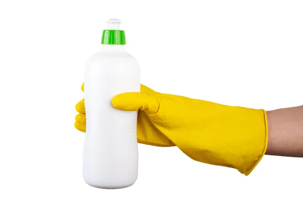 Ręczne Trzymanie Białej Butelki Zieloną Pokrywą Białym Tle Środki Czyszczące — Zdjęcie stockowe