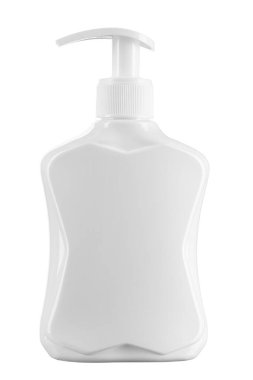 Beyaz zemin üzerinde sıvı sabun bulunan plastik şişe. Sıvı sabun makinesi. Dosya kırpma yolu içeriyor.