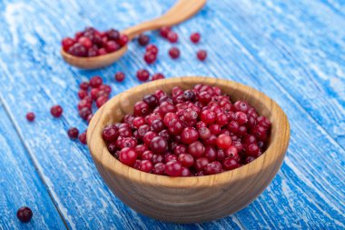 Tahta masadaki bir kasede taze yaban mersini. Sonbahar konsepti.