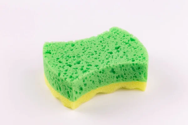 Желто Зеленая Губка Мытья Посуды Крупным Планом Белом Фоне — стоковое фото