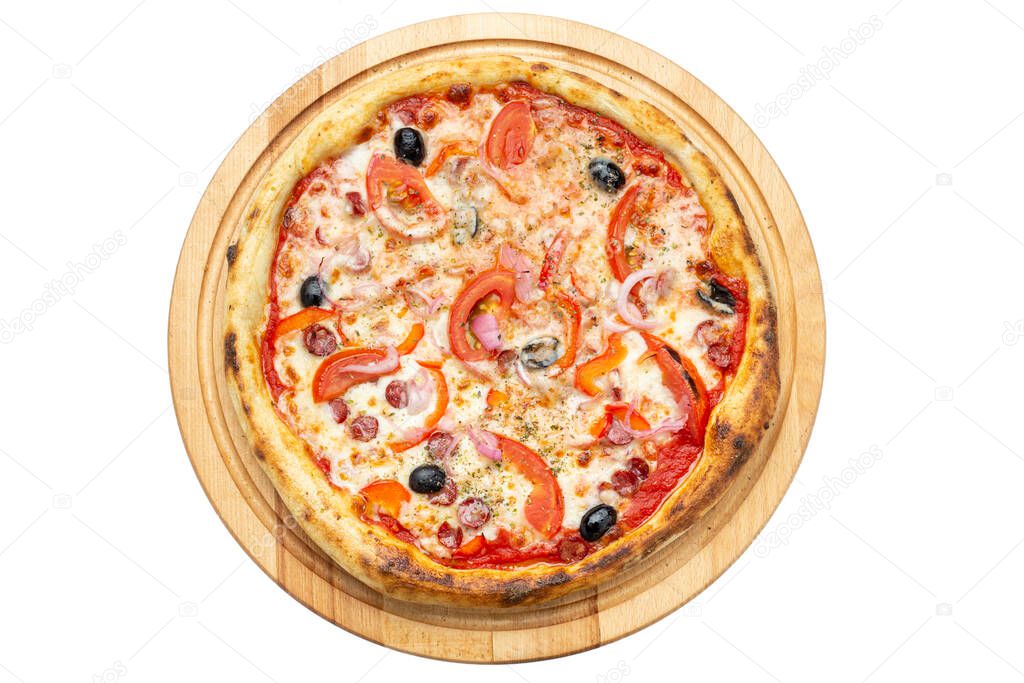 Delicious pizza served on wooden plate isolated on white background. Pizzeria menu. Concept poster for Restaurants or pizzerias. File contains clipping path. Top view.