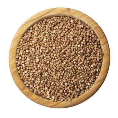 Karabuğday, beyaz üzerine izole edilmiş ahşap bir kasede. Üst Manzara. Dosya kırpma yolu içeriyor.