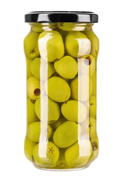 Préserver Pot Avec Des Olives Isolées Sur Fond Blanc Fichier — Photo