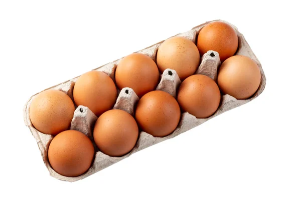 Tien Bruine Eieren Een Kartonnen Verpakking Geïsoleerd Witte Achtergrond Het — Stockfoto