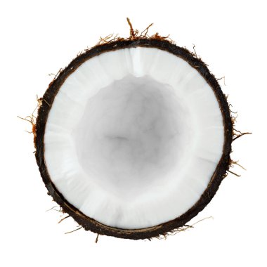 Hindistan cevizi, beyaz arka planda izole edilmiş. Tam alan derinliği. Dosya kırpma yolu içeriyor. Üst görünüm.