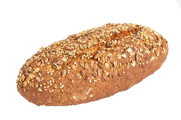 Čerstvě Upečený Chléb Izolovaný Bílém Pozadí Chléb Posypaný Lnem Slunečnicovými — Stock fotografie