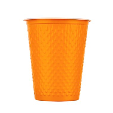 Turuncu Plastik Kupa beyaz arka planda izole edilmiş, tam alan derinliğinde. Bira için bardaklar. Tasarım elemanı. Dosya kırpma yolu içeriyor. 
