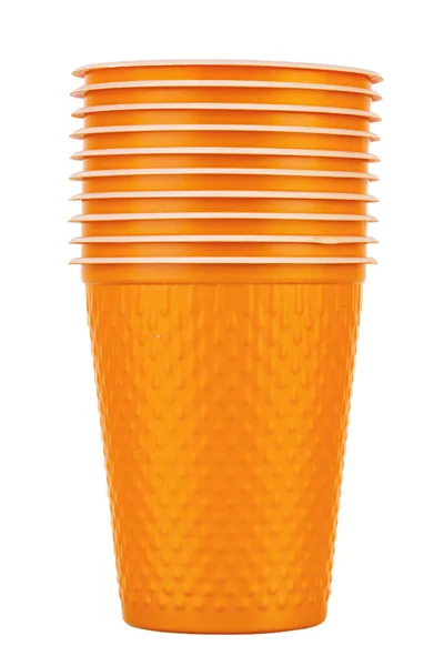 Orange Plastic Cup Isolated White Background Full Depth Field Cups — Zdjęcie stockowe
