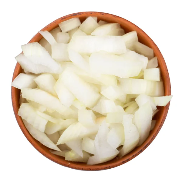 Λευκό Κρεμμύδι Κομμένο Πήλινο Μπολ Λαχανικά Συστατικά Και Βασικά Τρόφιμα — Φωτογραφία Αρχείου