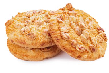 Delicious peanut circle shaped cookies on an isolated white background. Fresh confectionery biscuit.  File contains clipping path.