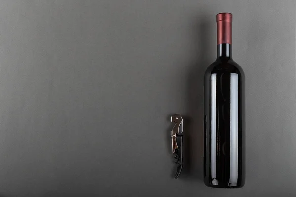 Corked Bottle Red Wine Corkscrew Gray Background Alcoholic Drink Winemaking — 스톡 사진