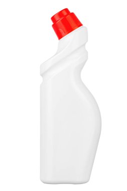 White plastic bottle with a red cover isolated on a white background, detergent for ware and cleaning in kitchen. Cleaner. Insulated packaging for catalog. File contains clipping path.