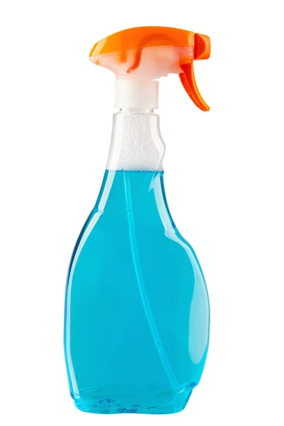 Czyściciel Okien Plastikowej Butelce Odizolowanym Białym Tle Sprayem Niebieski Kolor — Zdjęcie stockowe