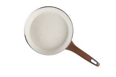 Kızartma tavası, tava, beyaz arka planda izole edilmiş. Dosya kırpma yolu içeriyor. Tam alan derinliği. Yakın çekim, üst görünüm.