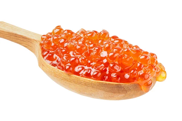 Caviar Vermelho Salmão Apetitoso Uma Colher Madeira Isolada Fundo Branco — Fotografia de Stock