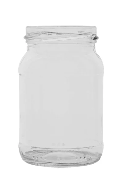 Aprire Vaso Vetro Vuoto Cibo Cibo Scatola Isolato Sfondo Bianco — Foto Stock
