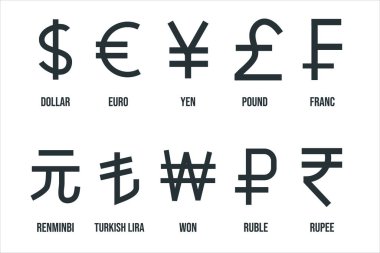 En çok kullanılan para birimi simgesi simgeleri stok illüstrasyonunu ayarlar. İkonlar arasında dolar, avro, yen, pound, franc, renminbi, Türk lirası, won, rupee yer alıyor