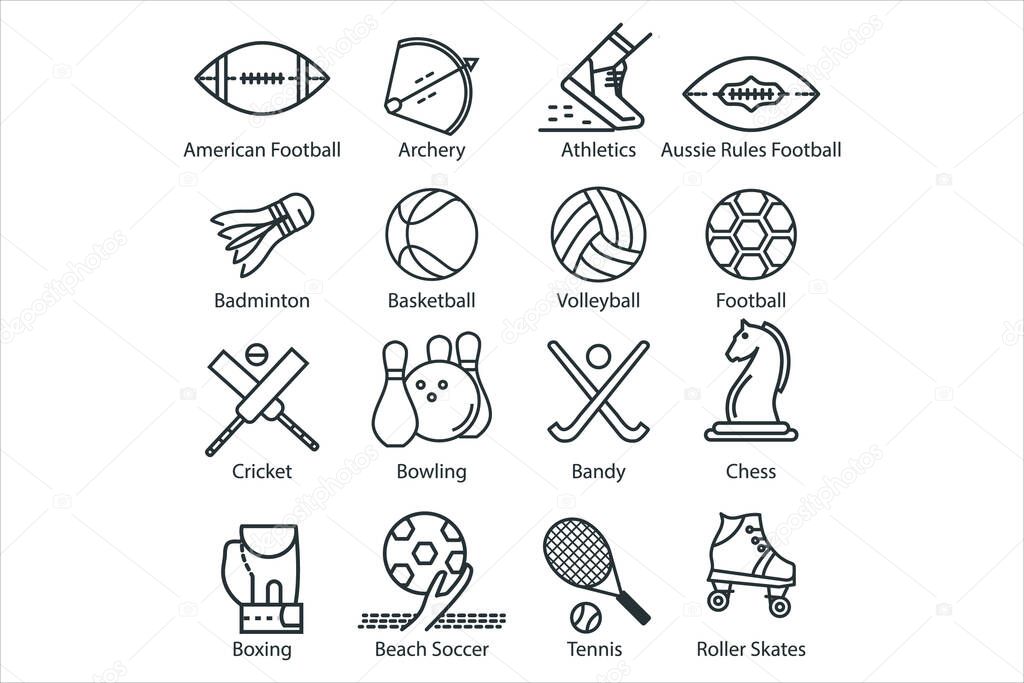 Famous sports icons thin line stock illustration. The icons include American football, archery, athletics, aussie rules football, badminton, basketball, volleyball, football, cricket, bowling, bandy