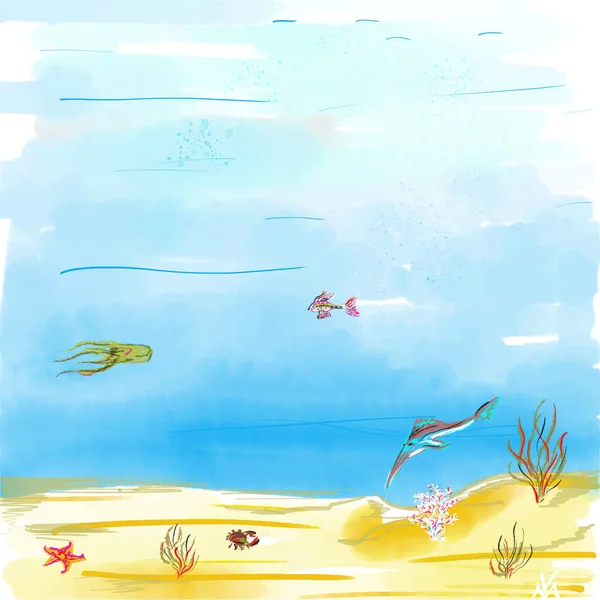 ภาพประกอบท สวยงามภาพวาดในธ มทางทะเล มหาสม ทรส าเง ทะเล อปลา นทราย — ภาพถ่ายสต็อก