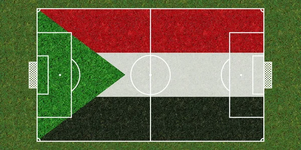 Pohled Shora Fotbalové Hřiště Zelené Trávy Vlajkou Súdánu Fotbalové Pozadí — Stock fotografie