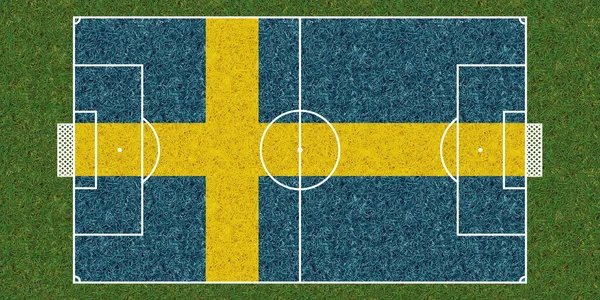 Horní Pohled Fotbalové Hřiště Zelené Trávy Vlajkou Švédska Fotbalové Pozadí — Stock fotografie