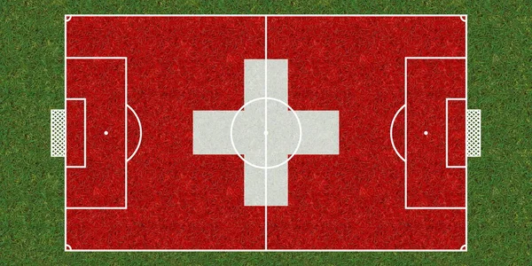 Horní Pohled Fotbalové Hřiště Zelené Trávy Vlajkou Švýcarska Fotbalové Pozadí — Stock fotografie