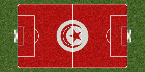Bovenaanzicht Van Groene Gras Voetbalveld Met Vlag Van Tunesië Voetbalachtergrond — Stockfoto