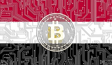 Mısır bayrağı ve Bitcoin, Entegre Devre Panosu deseni. Bitcoin Stok Büyümesi. Kripto para birimi ve Engelleme Teknolojisi yatırımcıları için kavramsal görüntü.