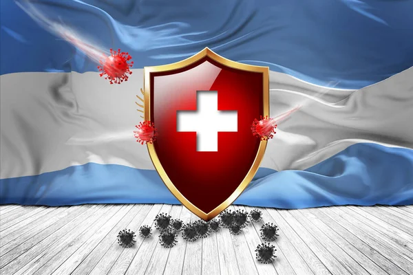 阿根廷国旗与金属死神红色盾牌 病毒保护 卫生盾牌 病毒疫苗保护琼脂糖病毒 医疗保健 安全徽章的概念 3D插图 — 图库照片