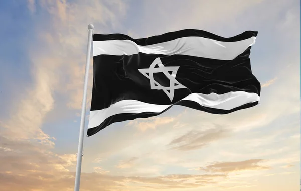 Black White Flags Israel Waving Wind Flagpoles Sky Sunset Clouds — Stock Photo, Image
