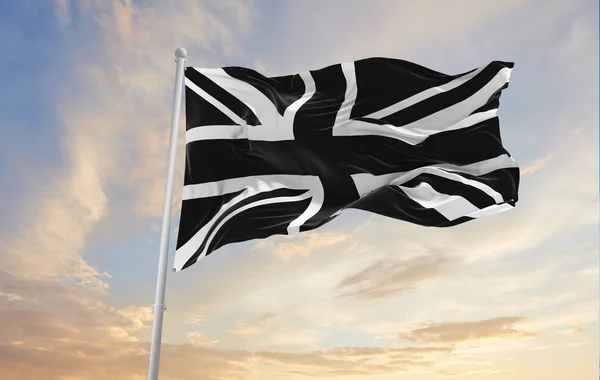 中国の黒と白の旗は 晴れた日に日没の雲と空に対して旗竿に風に振っています 喪を象徴する 3Dイラスト — ストック写真