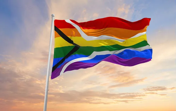 Gay África Sul Bandeira Acenando Vento Céu Nublado Conceito Liberdade — Fotografia de Stock