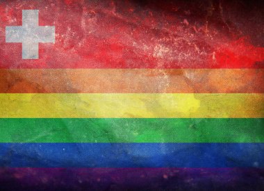 Gay, İsviçre 'nin eski bayrağının üst görüntüsü, grunge desenli, bayrak direği yok. Uçak tasarımı, tasarım. Bayrak arkaplanı. Özgürlük ve aşk kavramı. Gurur ayı, aktivizm, toplum ve özgürlük