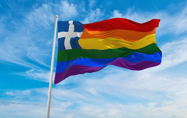 Vlajka Lgbtq Pride Řečtina Vlnící Větru Zatažené Obloze Koncept Svobody — Stock fotografie